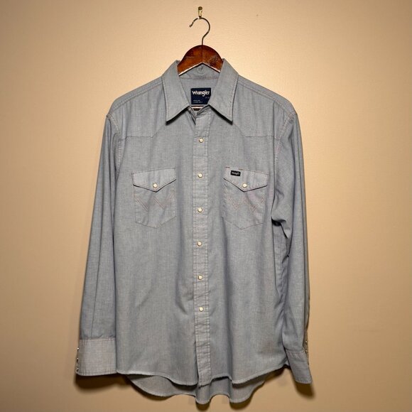 Wrangler Men’s Western Pearl Snap Chambray Shirt 17-35 Light Blue X-Long Tails - Picture 1 of 8